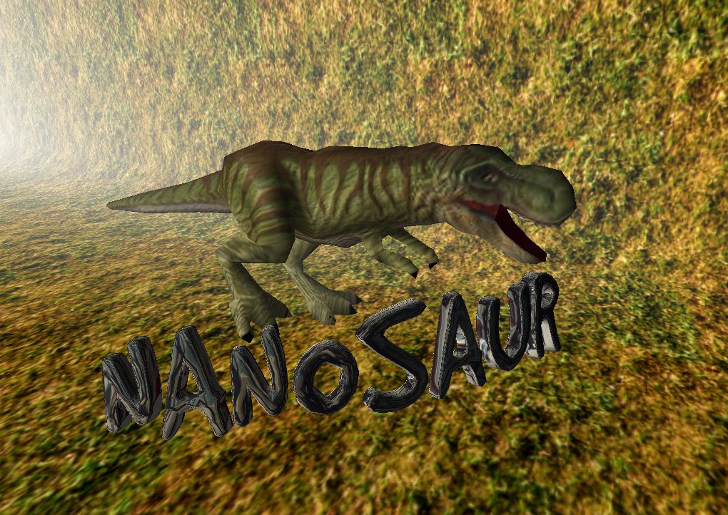 Nanosaur title screen: a Tyrannosaurus walking through a jungle canyon behind the chrome Nanosaur logo